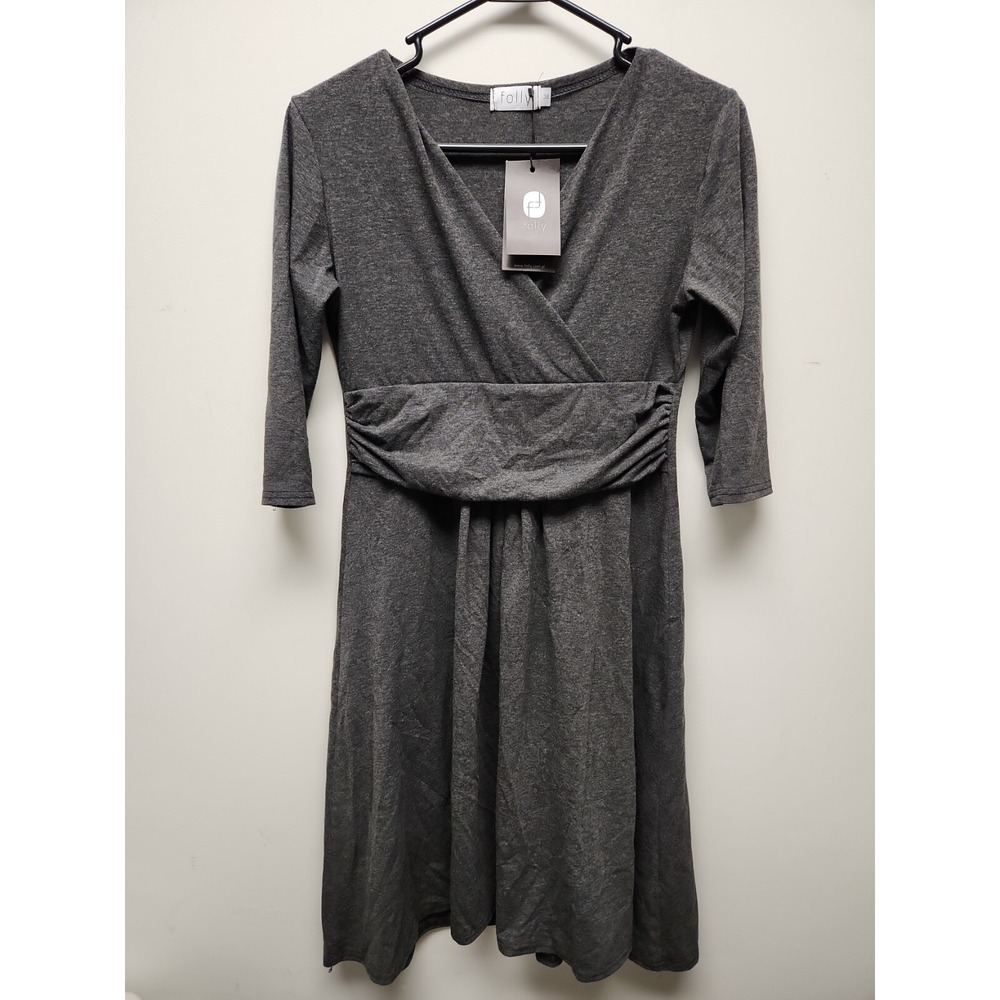 Folly Gray Dress 38EU New Belted Waist Comfort Knee Length 3/4 sleeve